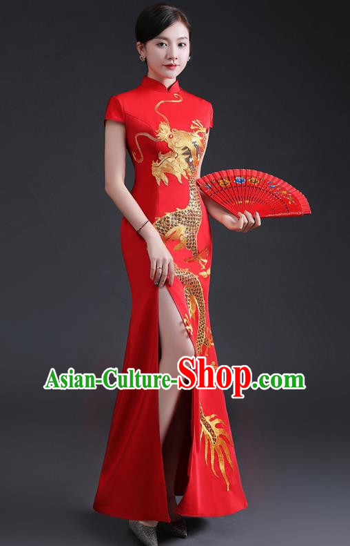 Chinese Design Improved Cheongsam Fishtail Long Model Dignified Atmosphere Etiquette Special Team Catwalk Show Costume Red