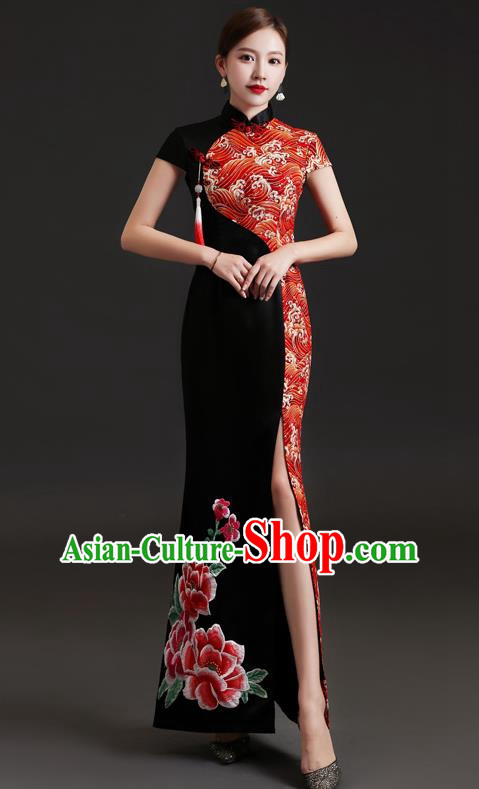 Chinese Design High End Cheongsam Evening Dress Fishtail Slit Performance Costume Host Banquet Black Temperament Dress