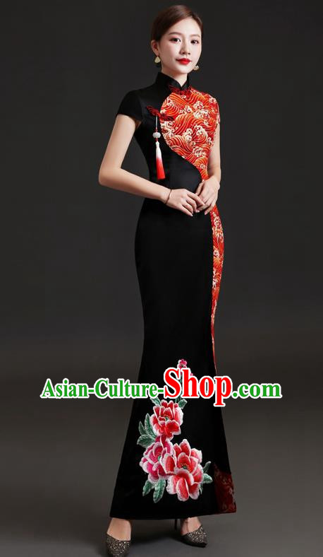 Chinese Design High End Cheongsam Evening Dress Fishtail Slit Performance Costume Host Banquet Black Temperament Dress