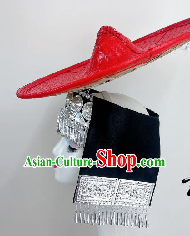 Ethnic Dance Headdress With Flower Waist Dai Bucket Hat Shanling Dance Hat Rain Bamboo Forest Shaodoli Bamboo Weaving Bucket Hat Red