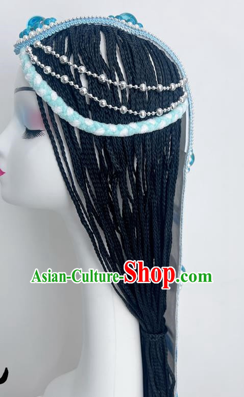 Tibetan Dance Headdress Tianyu Hair Ornament Long Debate Handmade Blue Jewelry Wig National Art Test Headdress