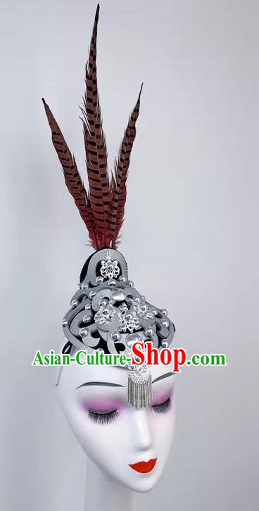 Hmong Dance Xiang Jinlin Headdress National Brocade Color Long Feather Hair Ornament Performance Performance Headdress Wig