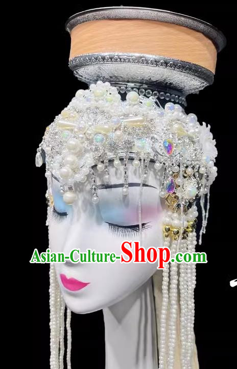 Mongolian Dance Top Bowl Dance Headdress Handmade Beaded Long Tassel Top Bowl Shape Dance Headdress
