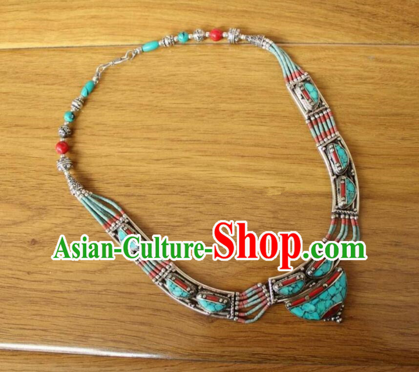 Chinese Zang Nationality Woman Cupronickel Necklace Handmade Tibetan Ethnic Jewelry Traditional Nepal Kallaite Accessories