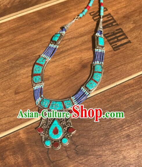Chinese Zang Nationality Woman Gems Necklace Handmade Tibetan Ethnic Necklet Jewelry Traditional Nepal Kallaite Accessories