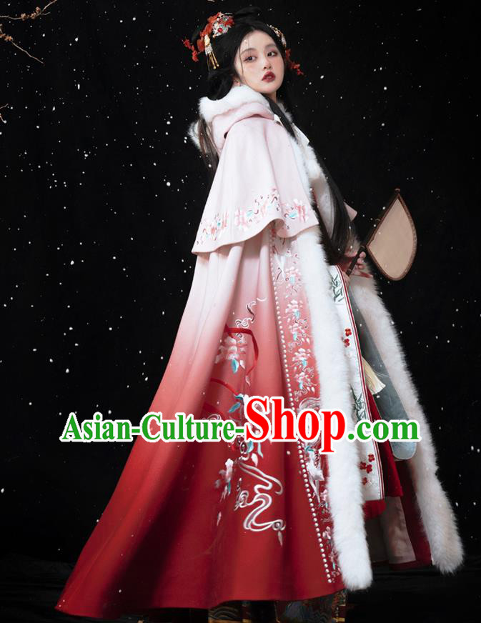China Ancient Royal Princess Red Embroidered Cape Ming Dynasty Noble Lady Costumes Traditional Woman Hanfu Cloak