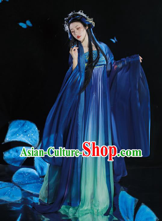 Traditional Woman Blue Hanfu China Ancient Princess Hezi Dress Tang Dynasty Young Lady Costumes