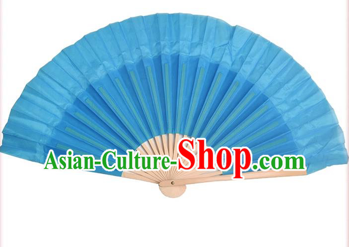 China Handmade Dancing Fan Dance Contest Lake Blue Ribbon Fan Classical Dance Silk Fan