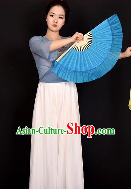 China Handmade Dancing Fan Dance Contest Lake Blue Ribbon Fan Classical Dance Silk Fan