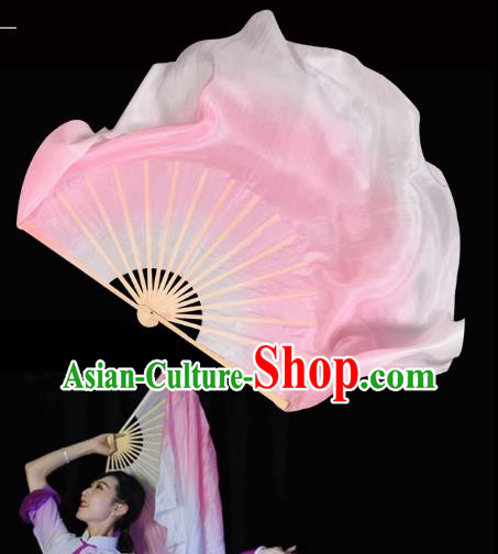 Handmade Gradient Pink to White Pure Silk Fan China Dance Competition Long Ribbon Fan Classical Dance Folding Fan