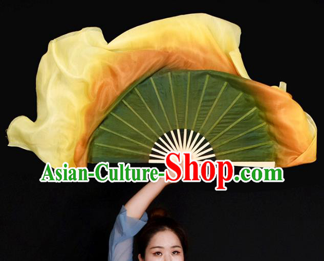 Handmade Gradient Olive Green to Yellow Pure Silk Fan China Yangko Dance Competition Ribbon Fan Classical Dance Folding Fan