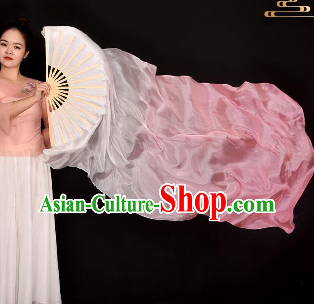 China Jiaozhou Yangko Dance Long Ribbon Fan Women Group Dance Folding Fan Handmade Gradient Pink Pure Silk Fan