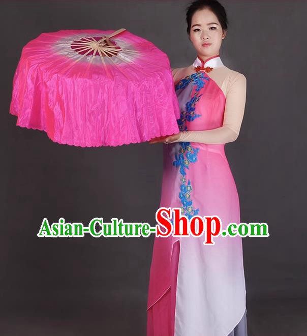 China Women Group Dancing Folding Fan Handmade Megenta Pure Silk Fan Jiaozhou Yangko Dance Circular Fan