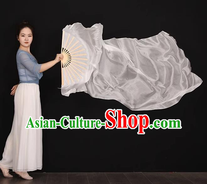 China Handmade White Pure Silk Fan Umbrella Dance Folding Fan Women Group Dancing Long Ribbon Fan