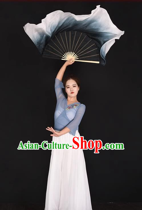 Women Group Dance Fan China Handmade Pure Silk Fan Yangko Dance Black Fan Classical Dance Ribbon Fan