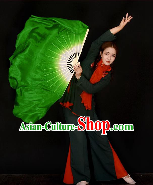 China Handmade Pure Silk Fan Yangko Dance Fan Classical Dance Green Ribbon Fan Women Group Dance Fan