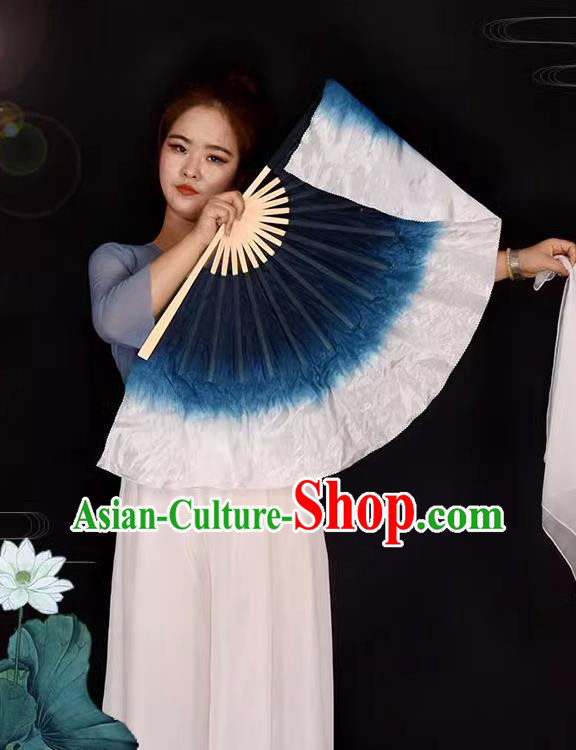 China Yangko Dance Fan Folk Dance Dance Dark Blue to White Fan Women Group Dance Ribbon Fan Handmade Fan
