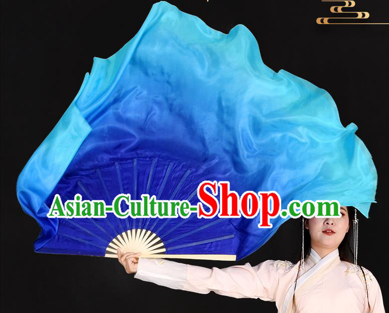 China Yangko Dance Fan Folk Dance Royalblue Silk Fan Women Group Dance Ribbon Fan Handmade Fan