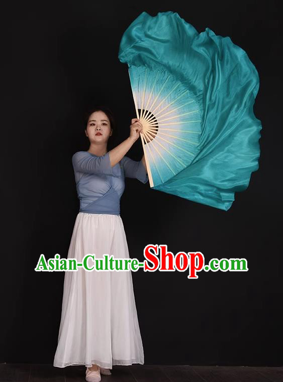 China Handmade Mint Green Ribbon Fan Classical Dance Fan Jiaozhou Yangko Dance Silk Fan