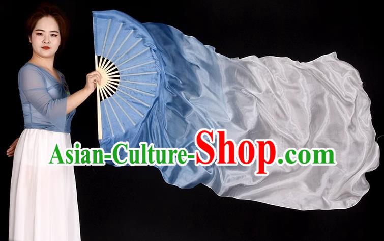 China Classical Dance Long Ribbon Fan Children Dance Silk Fan Handmade Gradient Blue to White Fan