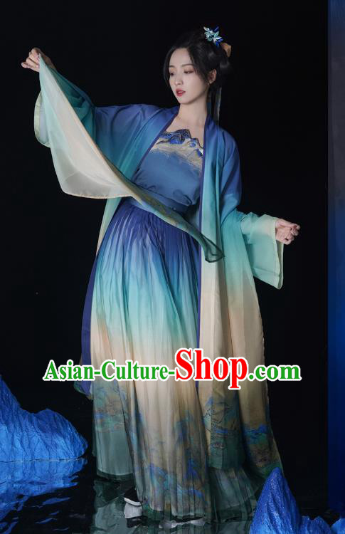 Traditional Woman Hanfu Set China Song Dynasty Young Lady Blue Dresses Ancient Royal Princess Costumes