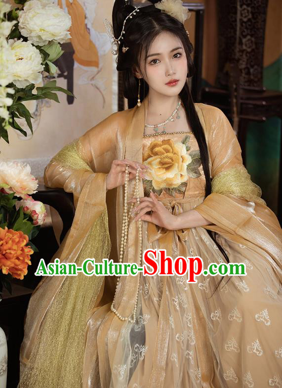 China Ancient Magnificent Concubine Yang Costumes Traditional Golden Hanfu Tang Dynasty Empress Embroidered Clothing