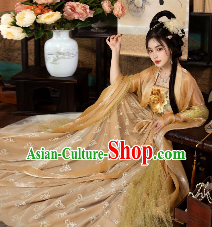 China Ancient Magnificent Concubine Yang Costumes Traditional Golden Hanfu Tang Dynasty Empress Embroidered Clothing