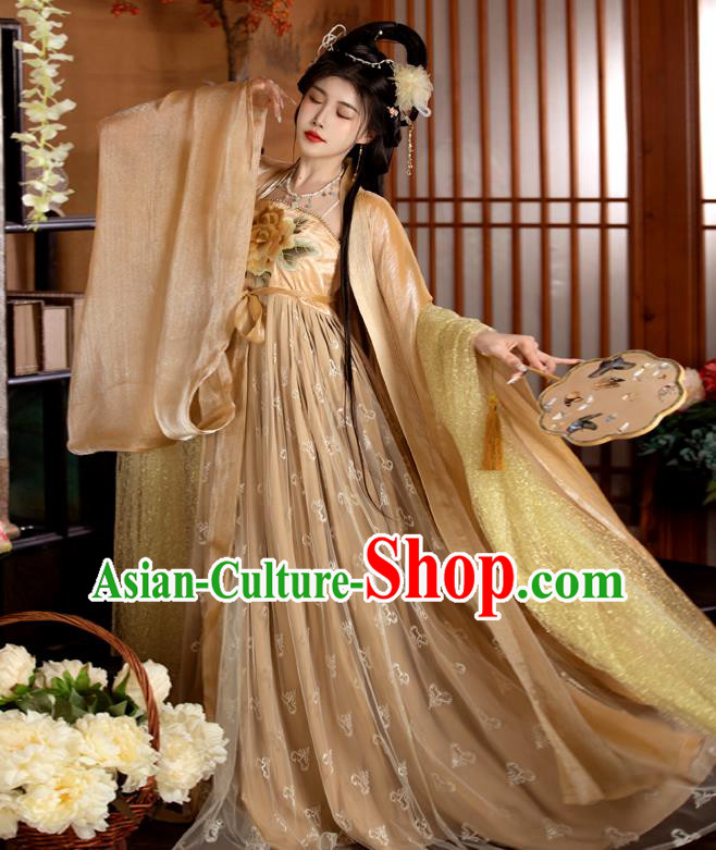 China Ancient Magnificent Concubine Yang Costumes Traditional Golden Hanfu Tang Dynasty Empress Embroidered Clothing