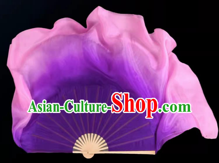 China Jiaozhou Yangko Dance Fan Handmade Gradient Purple to Pink Silk Fan Classical Dance Ribbon Fan