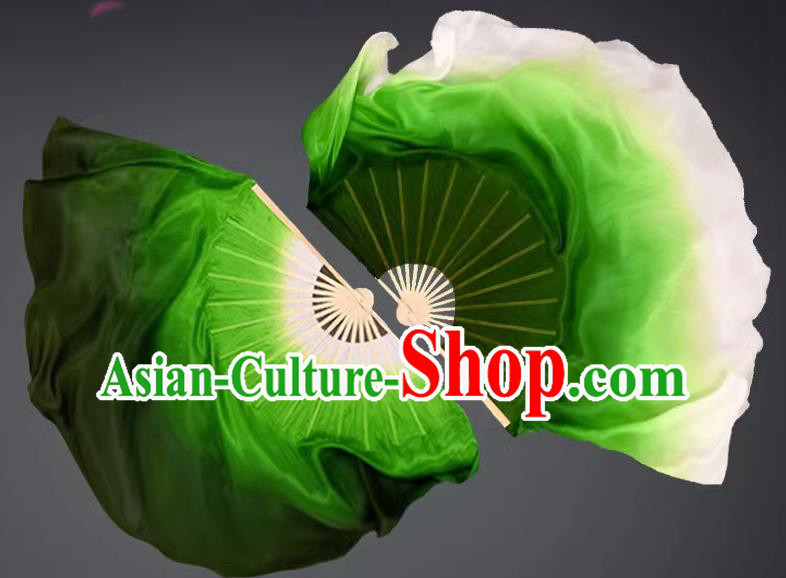 China Classical Dance Ribbon Fan Yangko Dance Fan Handmade Stage Deep Green Silk Fan