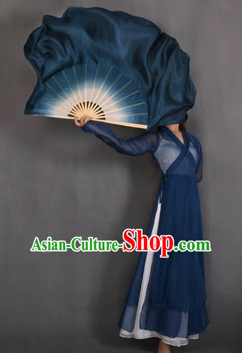 China Yangko Dance Dark Blue Fan Handmade Stage Performance Silk Fan Classical Dance Butterfly Lovers Ribbon Fan