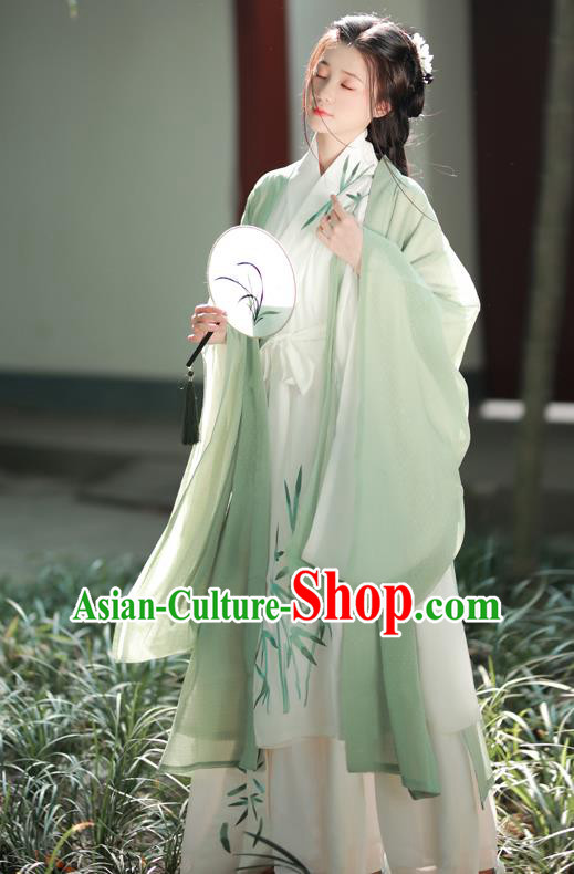 China Ancient Noble Woman Green Dress Clothing Wei Jin Dynasty Young Lady Costumes