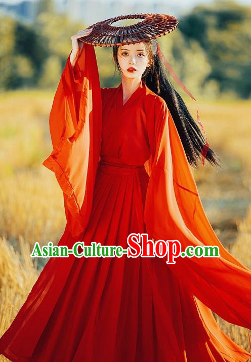 Ancient Swordswoman Costumes Female Red Hanfu Dress China Jin Dynasty Clothing