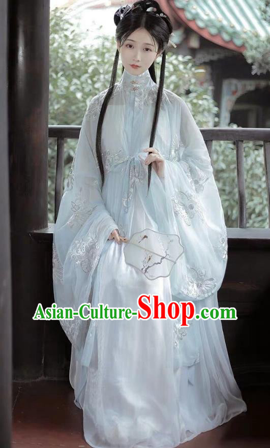 China Ancient Noble Lady Costumes Woman Light Blue Hanfu Dress Ming Dynasty Embroidered Clothing