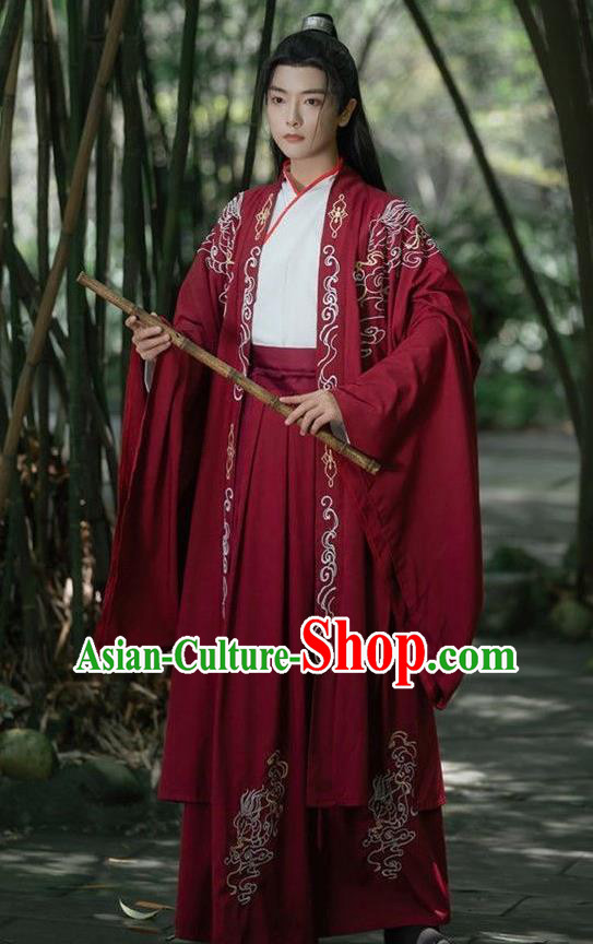 China Jin Dynasty Young Childe Clothing Ancient Swordsman Embroidered Costumes Male Red Hanfu Outfit