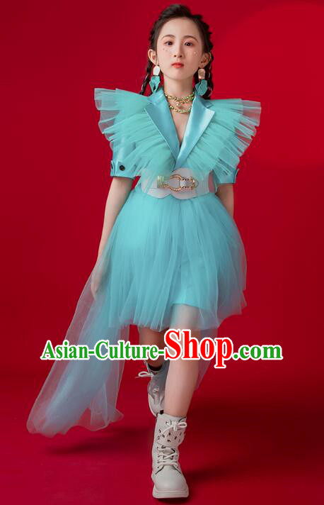 Top Children Catwalks Clothing Model Contest Blue Suit Modern Dance Costume