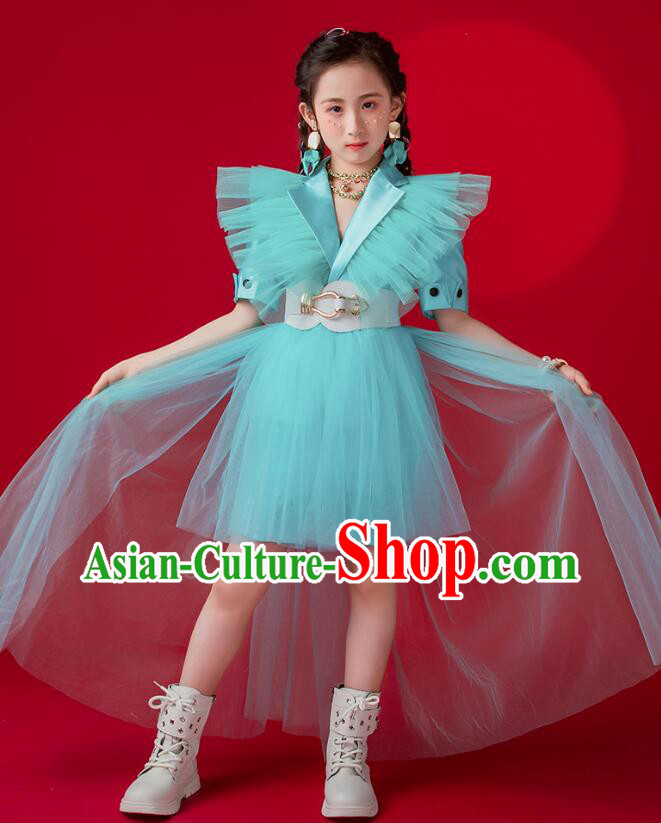 Top Children Catwalks Clothing Model Contest Blue Suit Modern Dance Costume