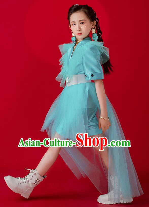 Top Children Catwalks Clothing Model Contest Blue Suit Modern Dance Costume