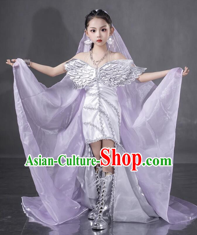 Cool Girl Stage Show Costume Top Children Princess Catwalks Clothing Professional Model Contest Lilac Wings Dress