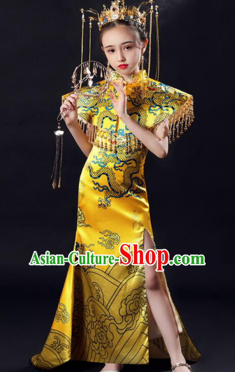 Professional Model Contest Golden Dress Qipao China Girl Stage Show Costume Top Children Catwalks Clothing