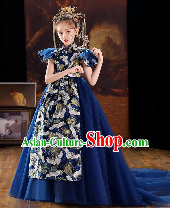 China Stage Show Costume Top Children Catwalks Clothing Professional Model Contest Dark Blue Dress Princess Fashion