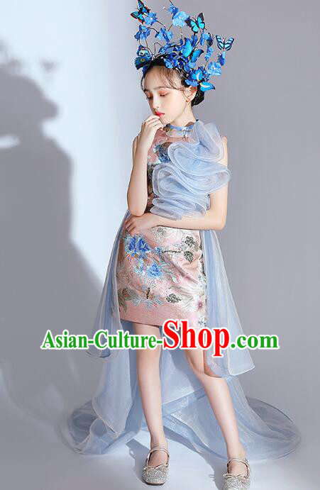 China Stage Show Costume Top Children Catwalks Clothing Model Contest Pink Qipao Dress