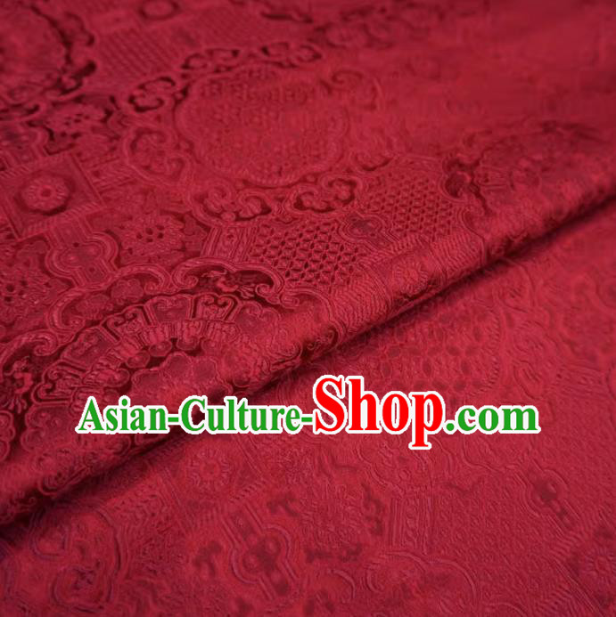 Deep Red China Traditional Brocade Fabric Classical Treasure Round Pattern Design Cloth Hanfu Drapery