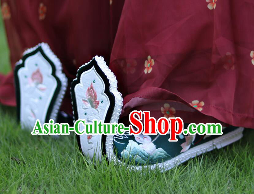China Handmade Dark Green Shoes Tang Dynasty Princess Shoes Traditional Hanfu Embroidered Shoes