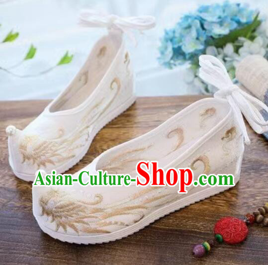 China Handmade Embroidered Phoenix Shoes Ming Dynasty Princess Pearls Shoes Traditional White Hanfu Shoes