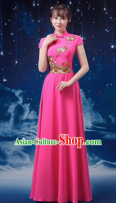 Rose Red Choir Costume Female Long Skirt Conductor Dress Poetry Recitation Stage Performance Costume