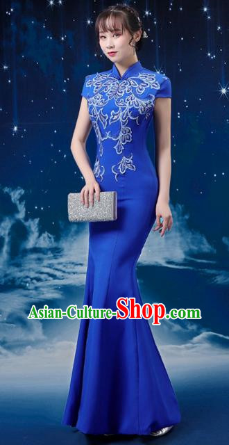 Blue Choir Costumes Femininity Stage Performance Costumes Conductor Catwalk Cheongsam Skirt Fishtail Blue and White Porcelain Dress