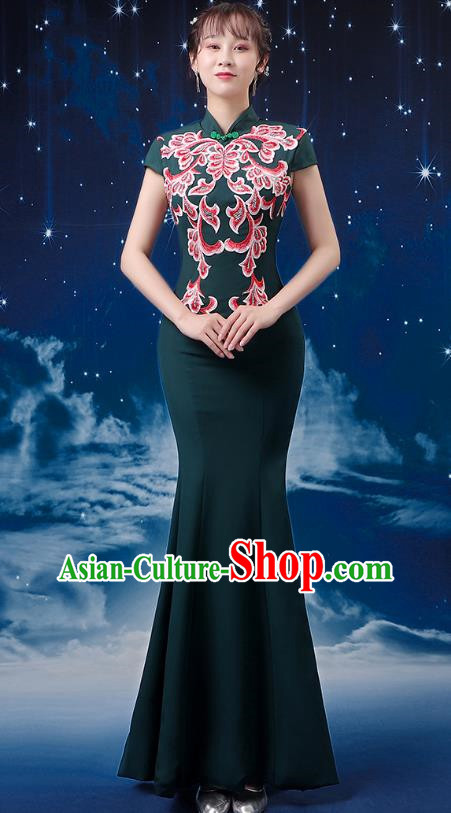 Dark Green Choir Costume Femininity Stage Performance Costume Conductor Catwalk Cheongsam Skirt Fishtail Blue and White Porcelain Dress