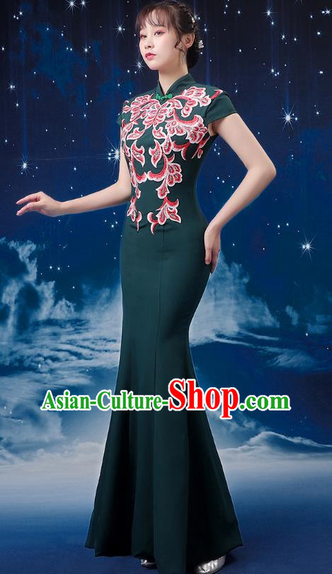 Dark Green Choir Costume Femininity Stage Performance Costume Conductor Catwalk Cheongsam Skirt Fishtail Blue and White Porcelain Dress