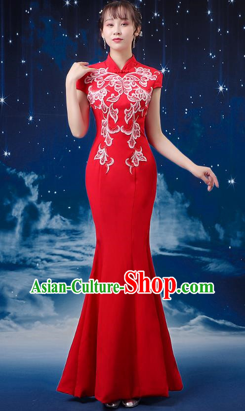 Red Choir Costume Femininity Stage Performance Costume Conductor Catwalk Cheongsam Skirt Fishtail Blue and White Porcelain Dress